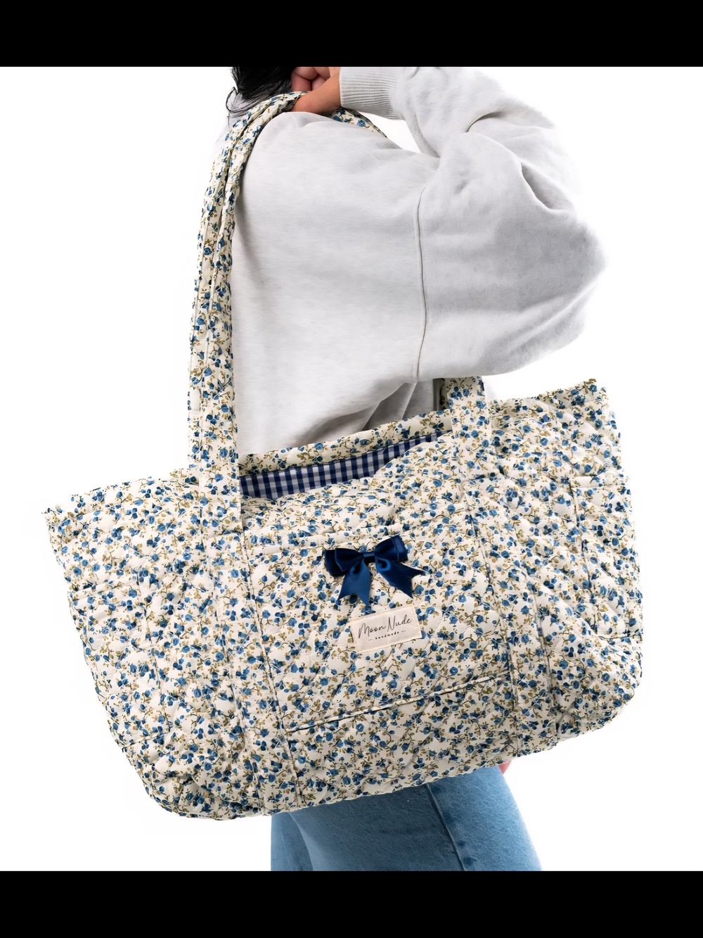 Quilted Floral Tote with Navy Bow in Blue & White
